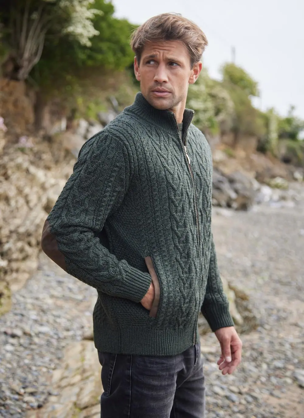 Eoin Zip Aran Cardigan in Army | Aran Sweaters for Men | Blarney