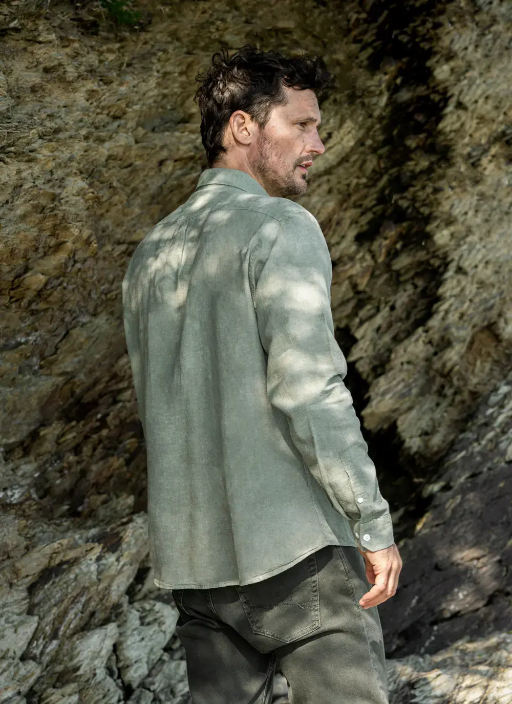 Back view of Finn Cotton Linen Shirt in Green, highlighting relaxed fit and clean lines – premium Irish craftsmanship.