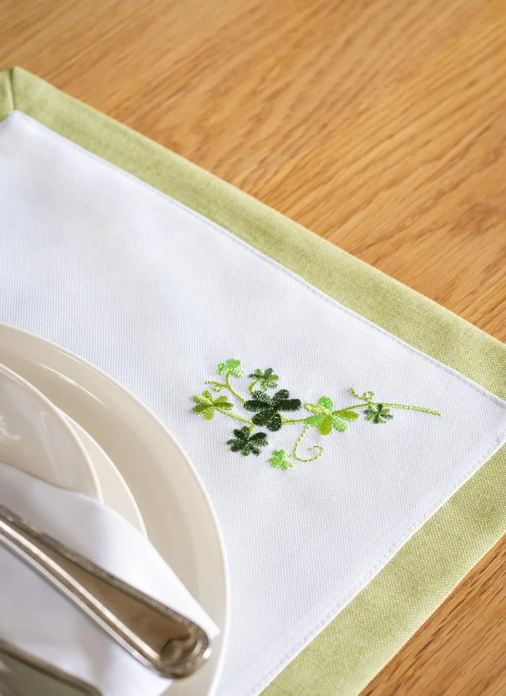 detailed stitching on placemat, shamrock