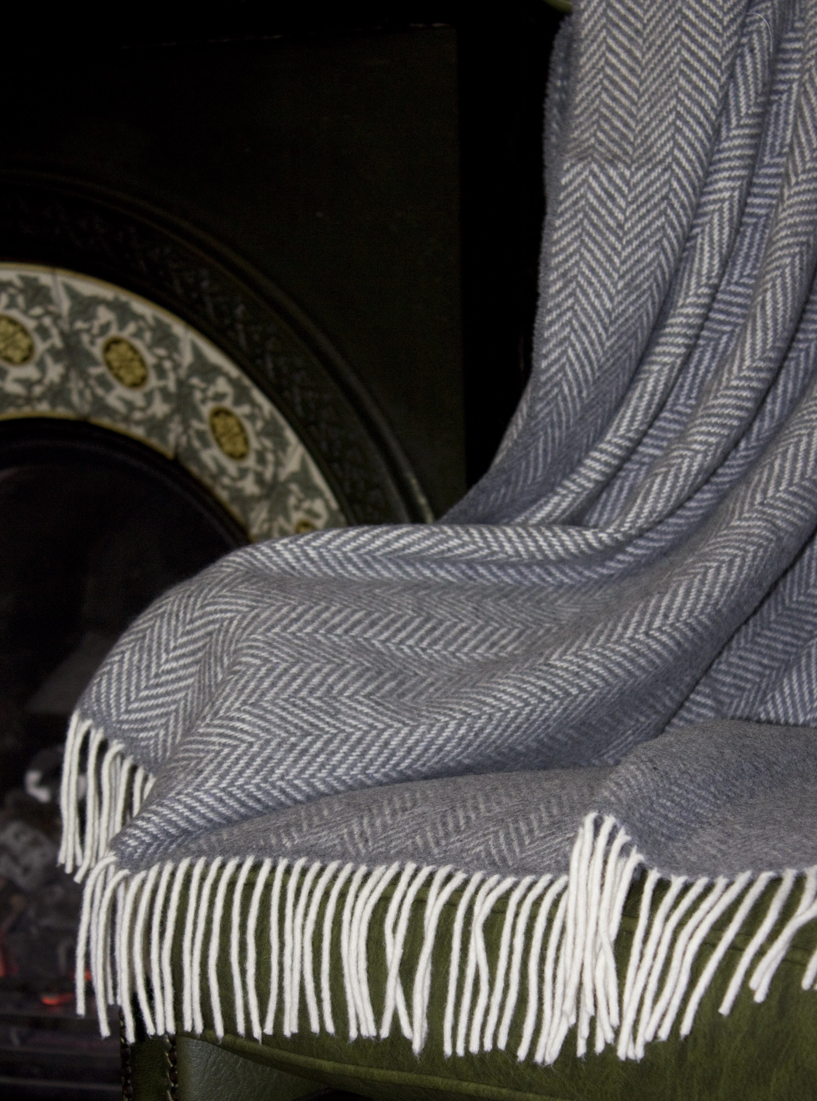 Grey Herringbone Wool Cashmere Throw