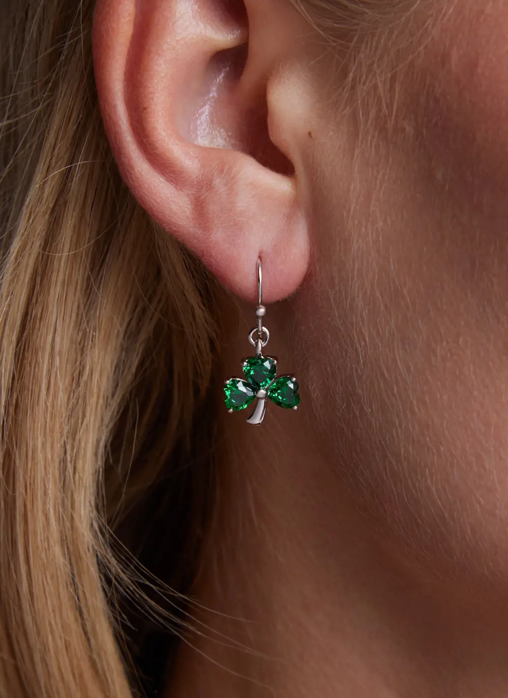 Sterling Silver Shamrock Celtic Drop Earrings with Green Cubic Zirconia