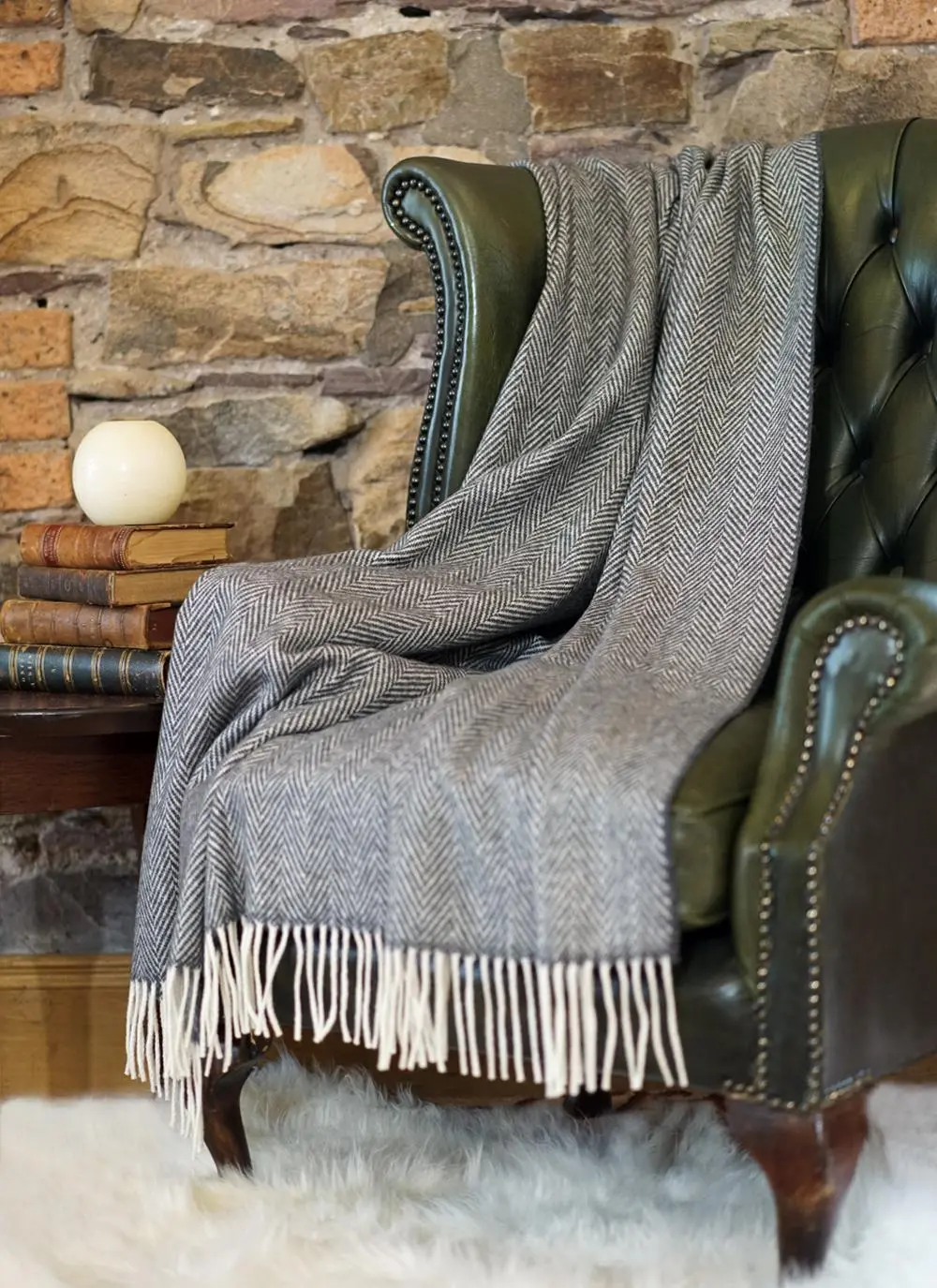 Charcoal Herringbone Wool Cashmere Throw