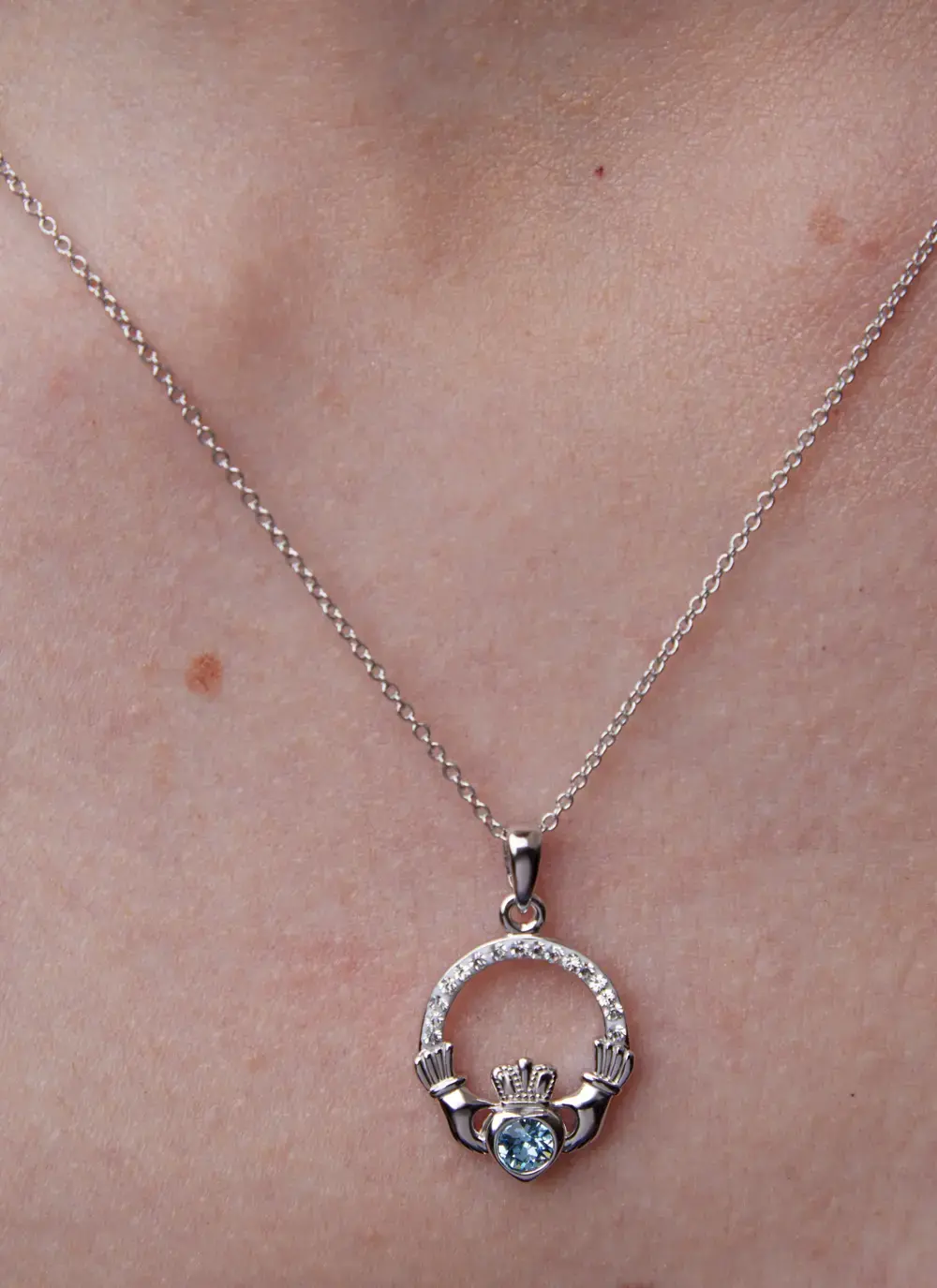 Claddagh Aquamarine Birthstone Pendant With Swarovski Crystals - March
