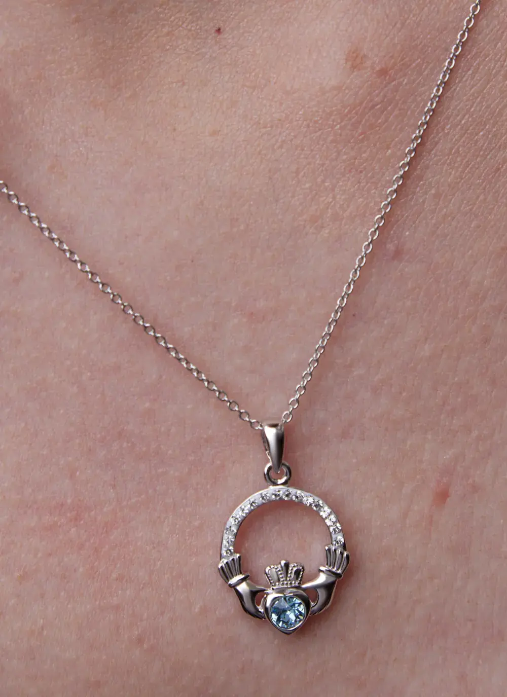 Claddagh Aquamarine Birthstone Pendant With Swarovski Crystals - March
