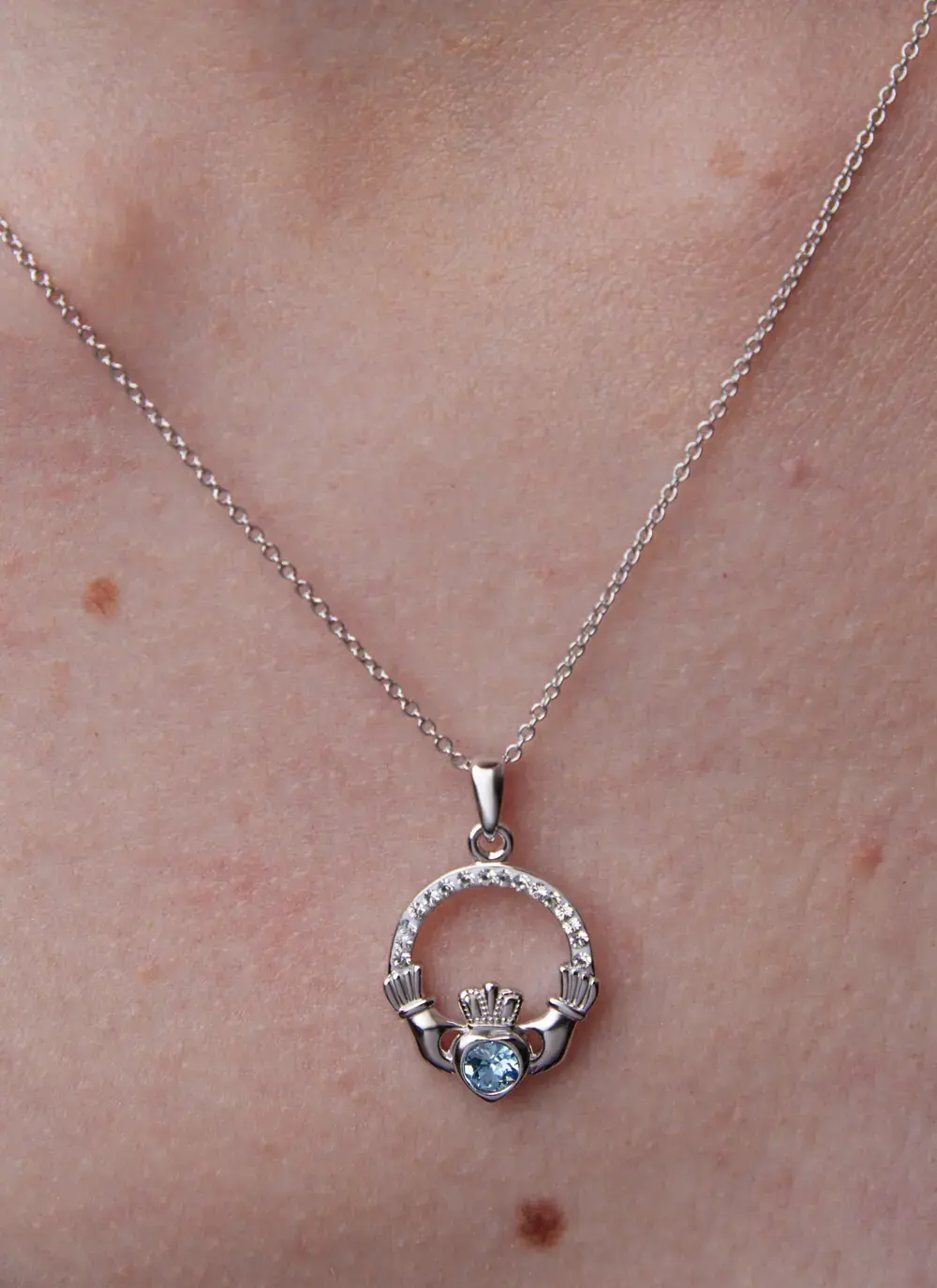 Claddagh Aquamarine Birthstone Pendant With Swarovski Crystals - March