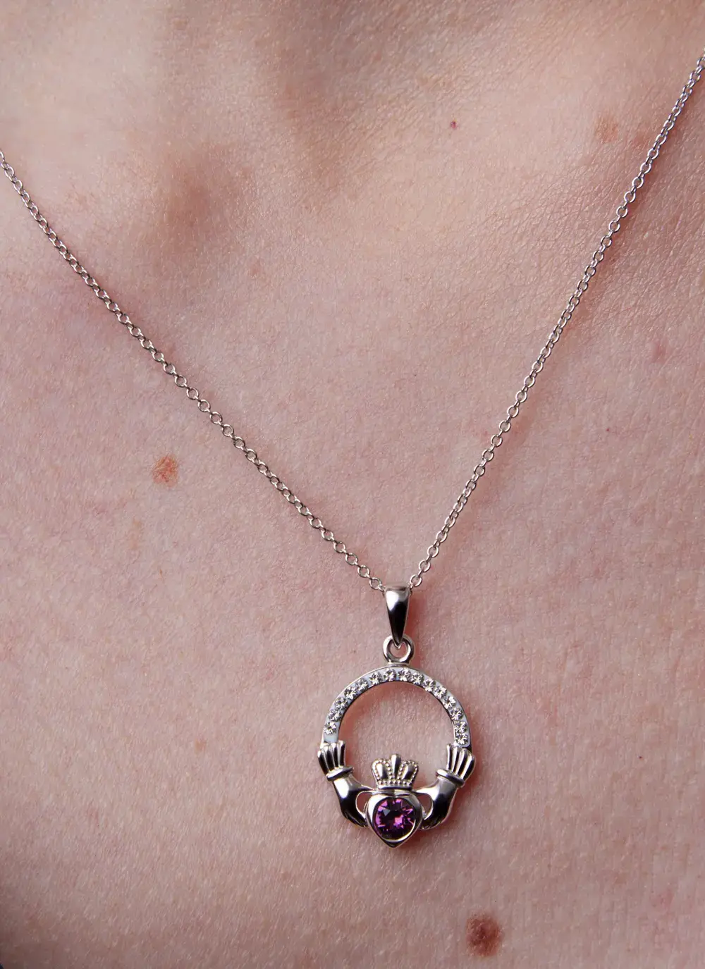 Claddagh Birthstone Pendant With Swarovski Crystals - February