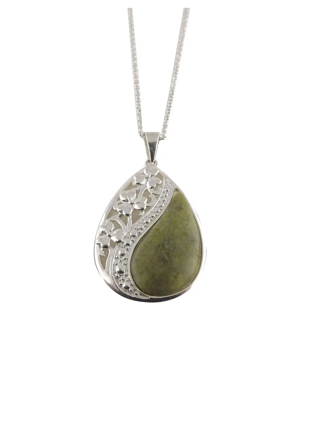 Connemara Marble Shamrock Teardrop Silver Pendant 