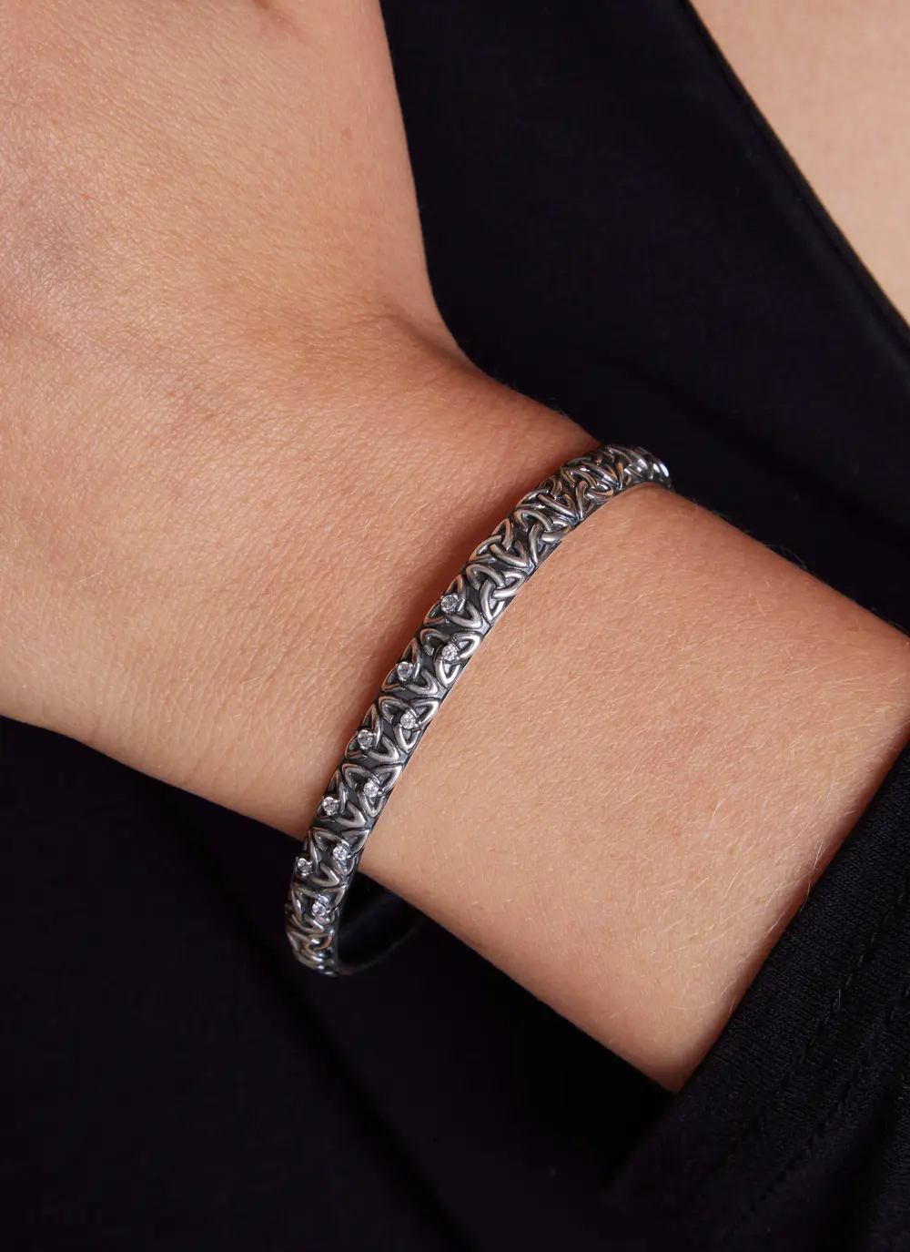 Sterling Silver Celtic Trinity Knot Bangle with White Cubic Zirconia