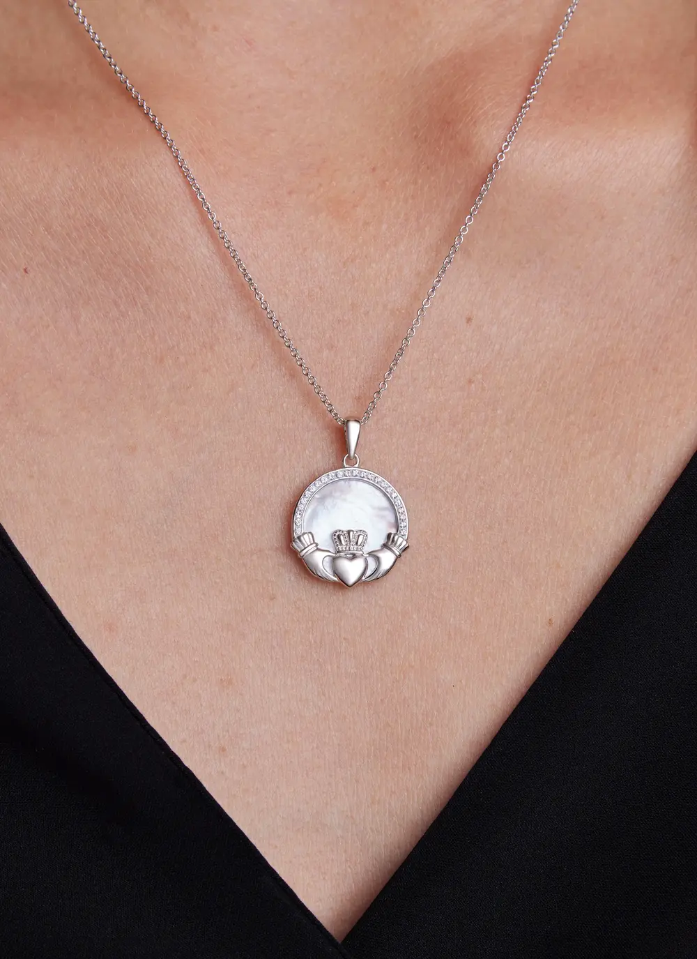 Sterling Silver Mother of Pearl Irish Claddagh Medallion Pendant with White Crystals