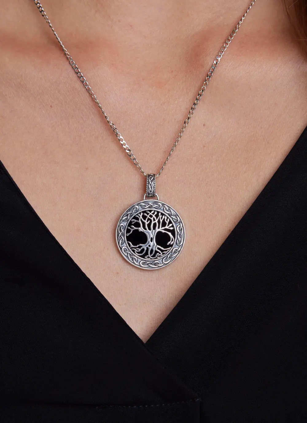 Black Onyx Sterling Silver Celtic Tree of Life Necklace