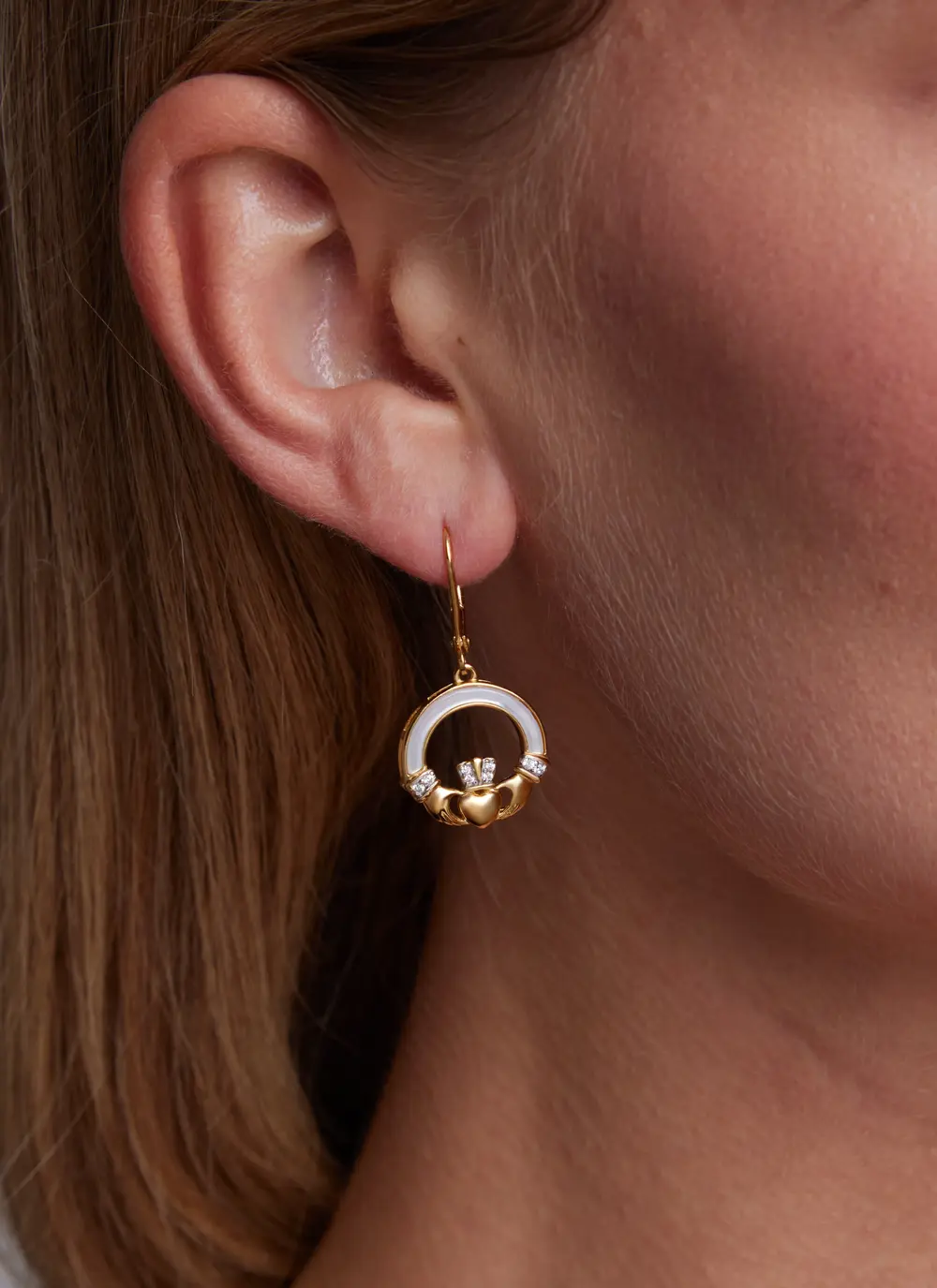 14ct Gold Vermeil Mother of Pearl Claddagh Earrings with White Cubic Zirconia