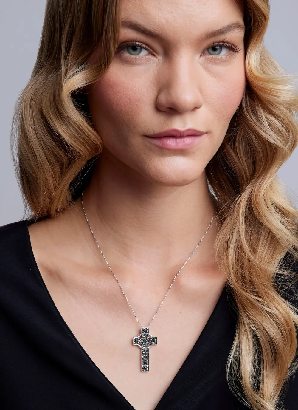 Sterling Silver & Marcasite High Cross Pendant with Green Cubic Zirconia