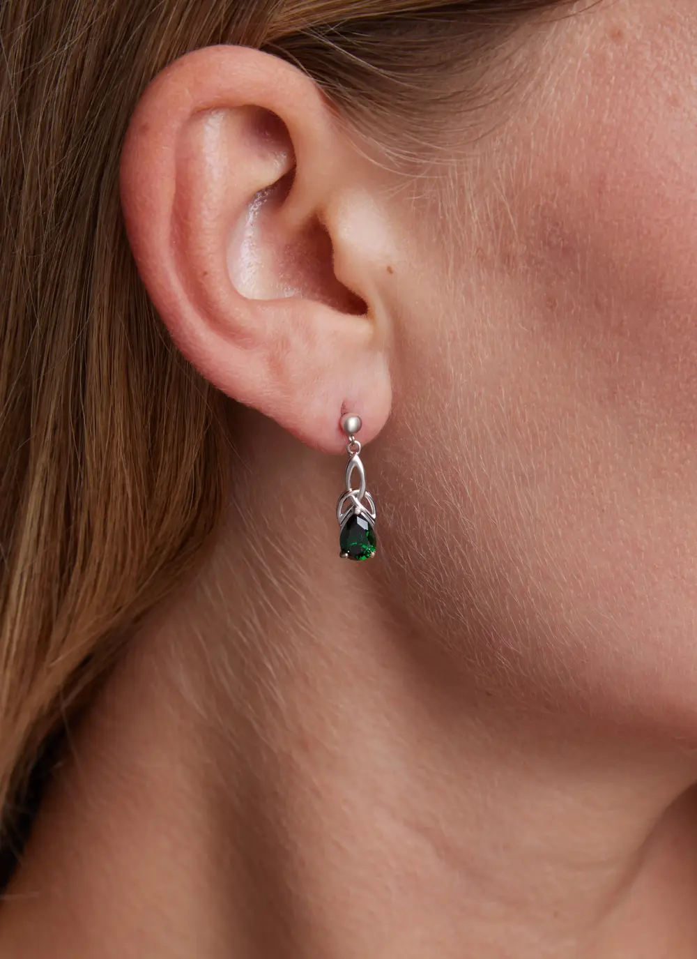 Sterling Silver Trinity Knot Drop Earrings with Green Stone
