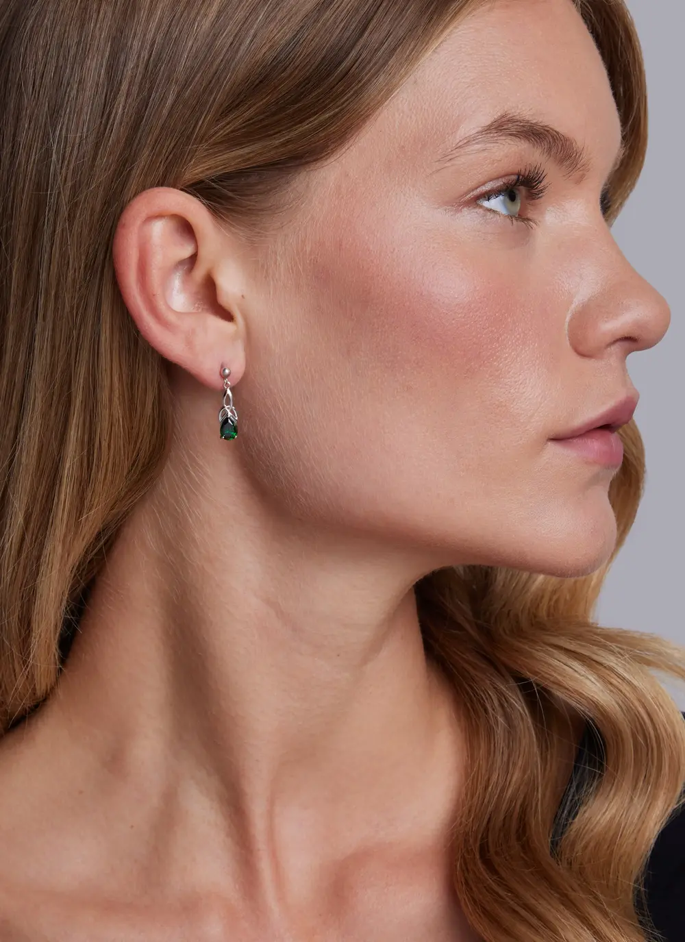 Sterling Silver Trinity Knot Drop Earrings with Green Stone