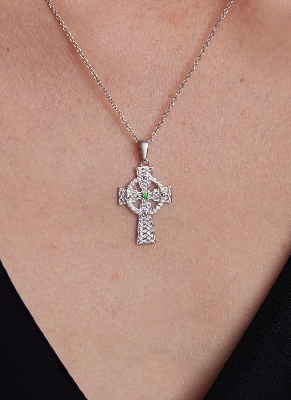 Sterling Silver Celtic Cross Pendant with Green Cubic Zirconia