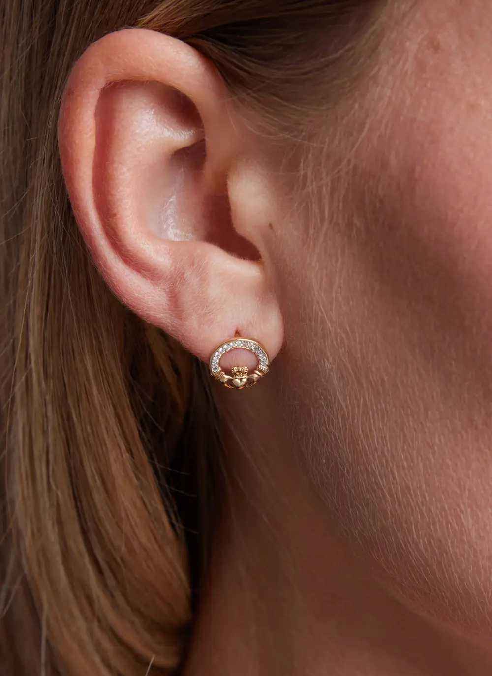 14ct Gold & Lab Diamond Claddagh Stud Earrings