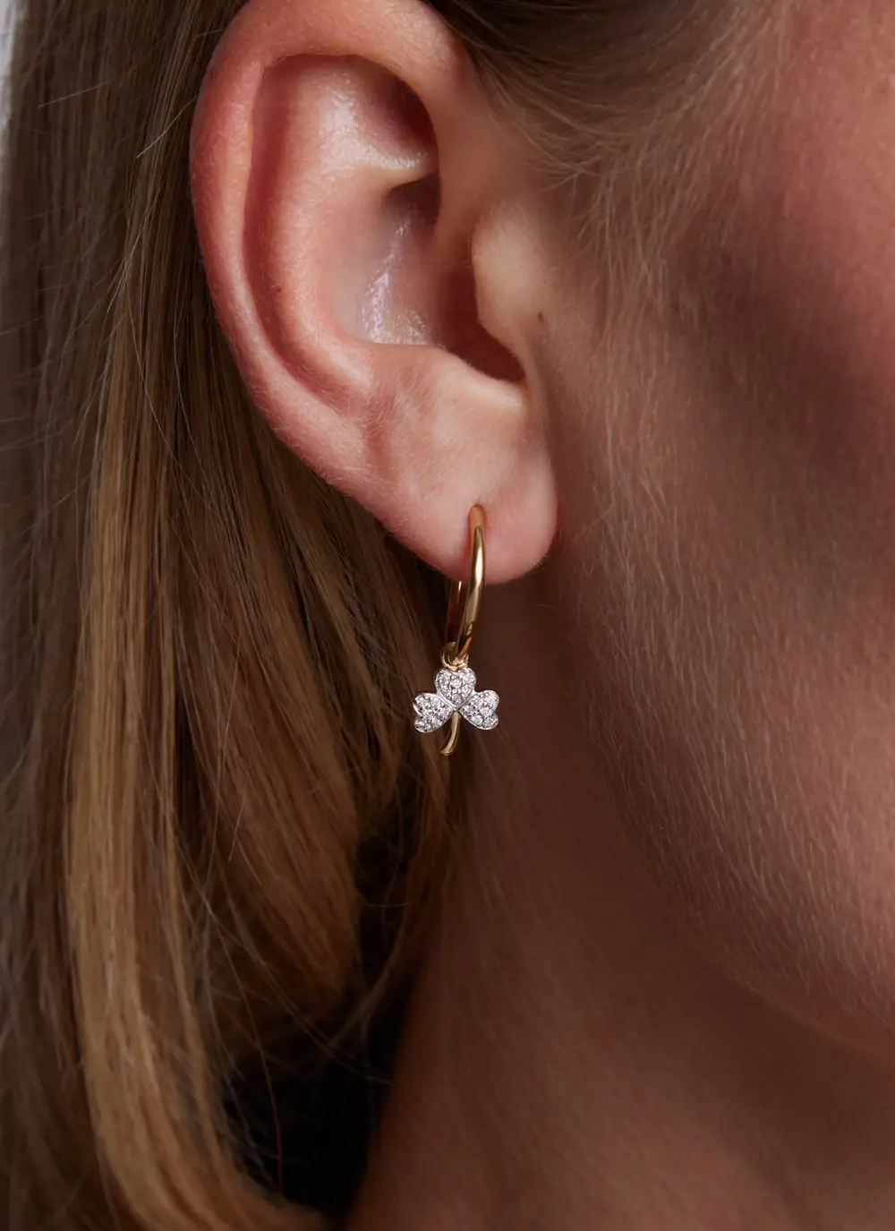 14ct Gold & Lab Diamond Shamrock Hoop Earrings 