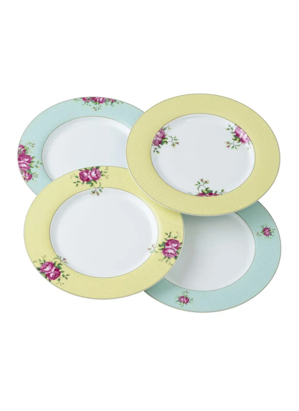 Four decorative plates stacked in alternating blue and yellow colors with floral patterns around the rims, viewed from above on a white background.