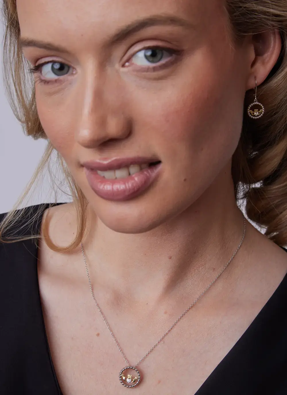 Sterling Silver Claddagh Drop Earrings with Gold Claddagh and Cubic Zirconia