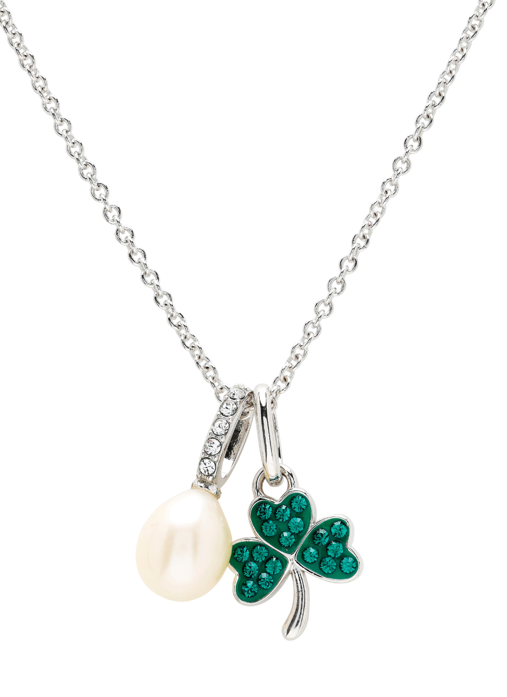 Sterling Silver Shamrock Pendant with Pearl on Linked Chain annd Green Crystal