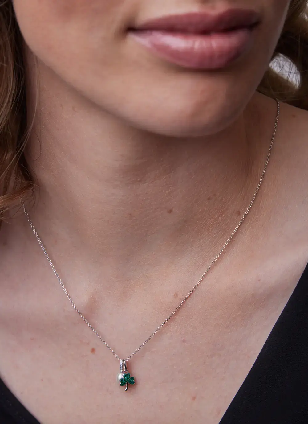 Sterling Silver Shamrock Pendant with Pearl on Linked Chain and Green Crystal