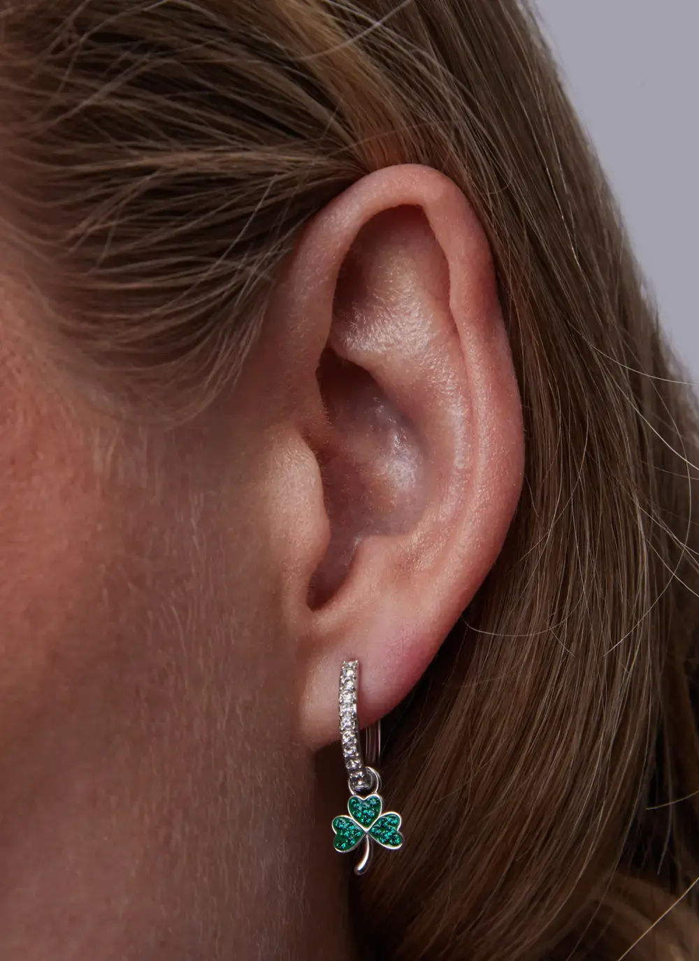 Sterling Silver Shamrock Drop Earrings with Pearl on Encased with Clear and Green Crystal