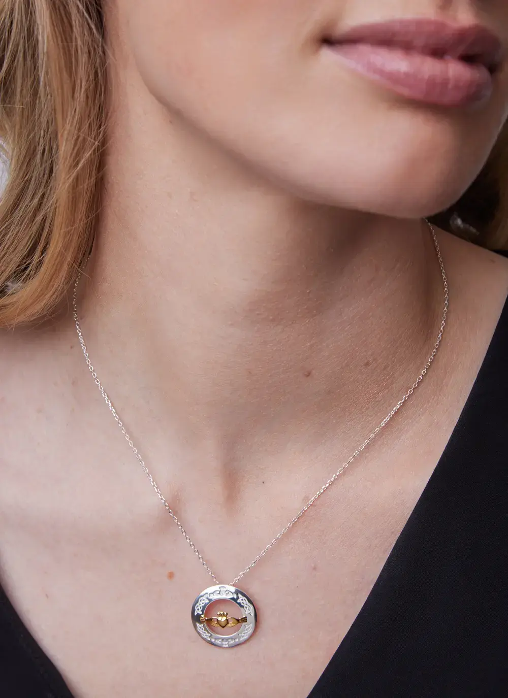 Sterling Silver Claddagh Two Tone Pendant With Gold Plated Heart and Crown Ringed with Celtic Knot Patterns