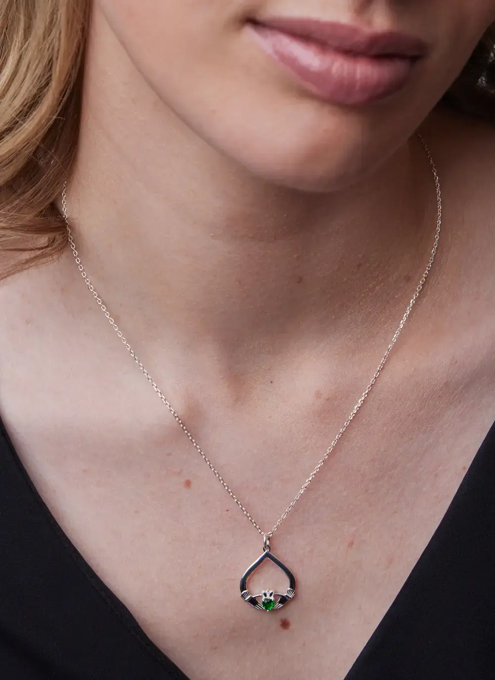 Traditional Claddagh Pendant Adorned With Green Cubic Zirconia