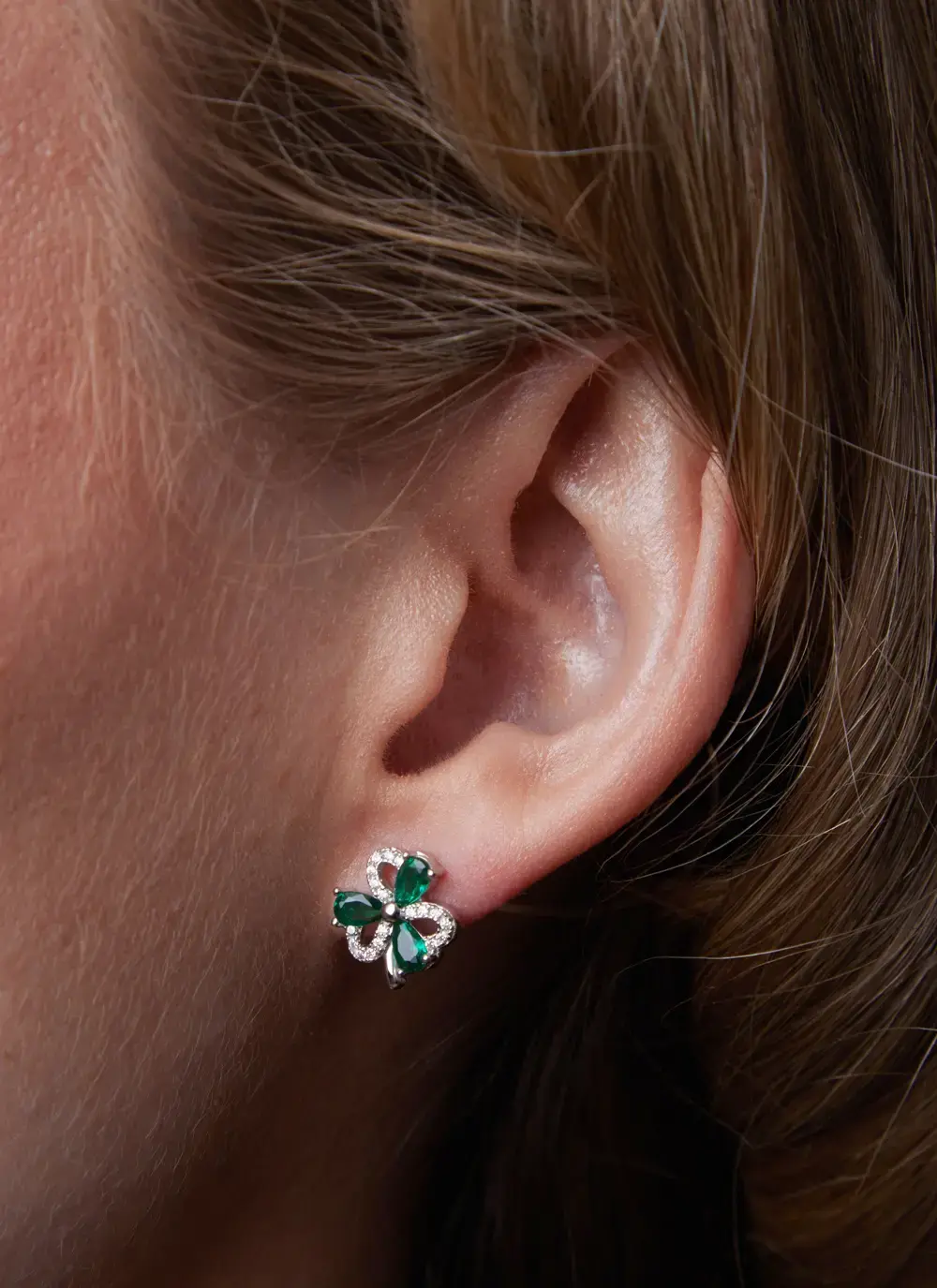 Shamrock Earrings with Green & White Cubic Zirconia