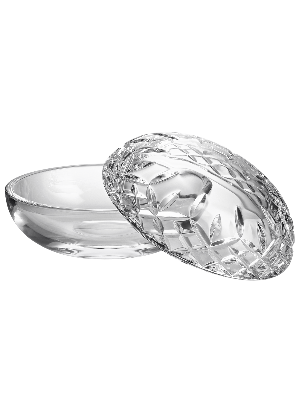 Waterford Crystal Lismore Essence Covered Bowl with clear cut crystal lid and smooth base, featuring signature wedge and diamond cuts, ideal for keepsakes or home décor