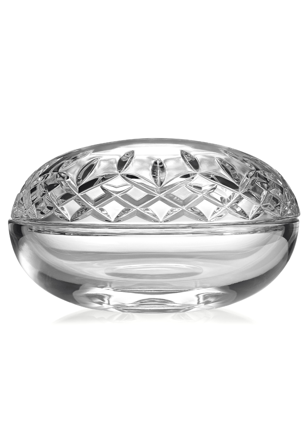 Waterford Crystal Lismore Essence Covered Bowl with clear cut crystal lid and smooth base, featuring signature wedge and diamond cuts, ideal for keepsakes or home décor