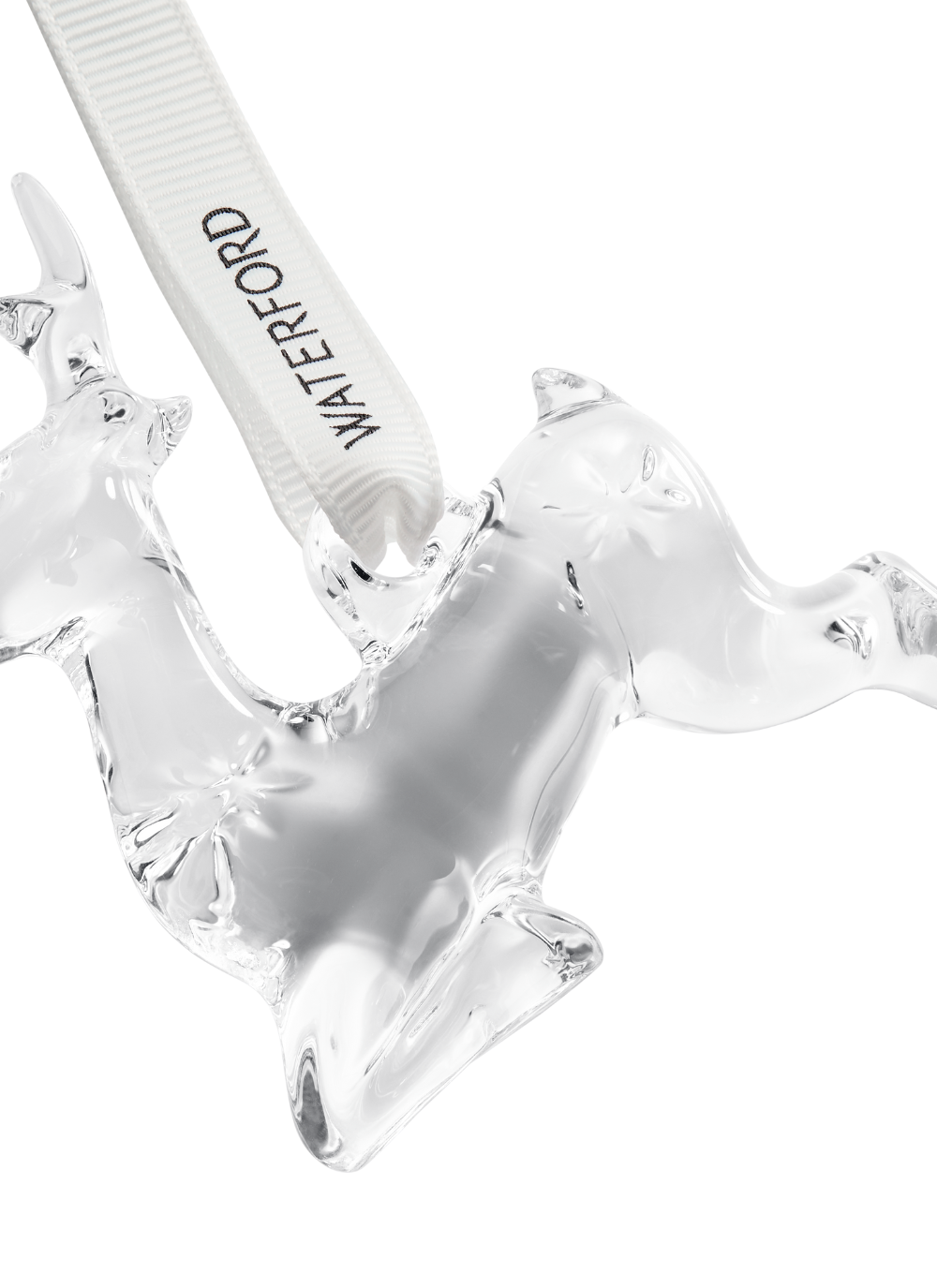 Waterford Crystal Mini Reindeer Ornament featuring a smooth prancing reindeer with star-cut details, hanging from a gold and white satin ribbon