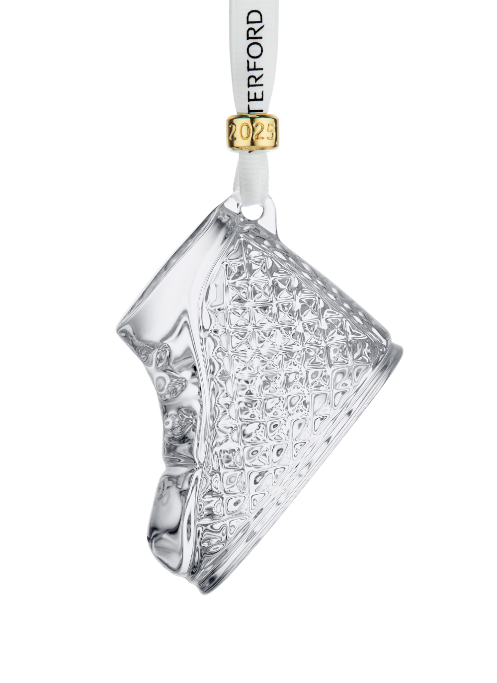 Waterford Crystal Baby’s First Boot Ornament 2025 – Elegant cut crystal keepsake with gold-detailed ribbon, perfect heirloom gift for newborns or christenings.