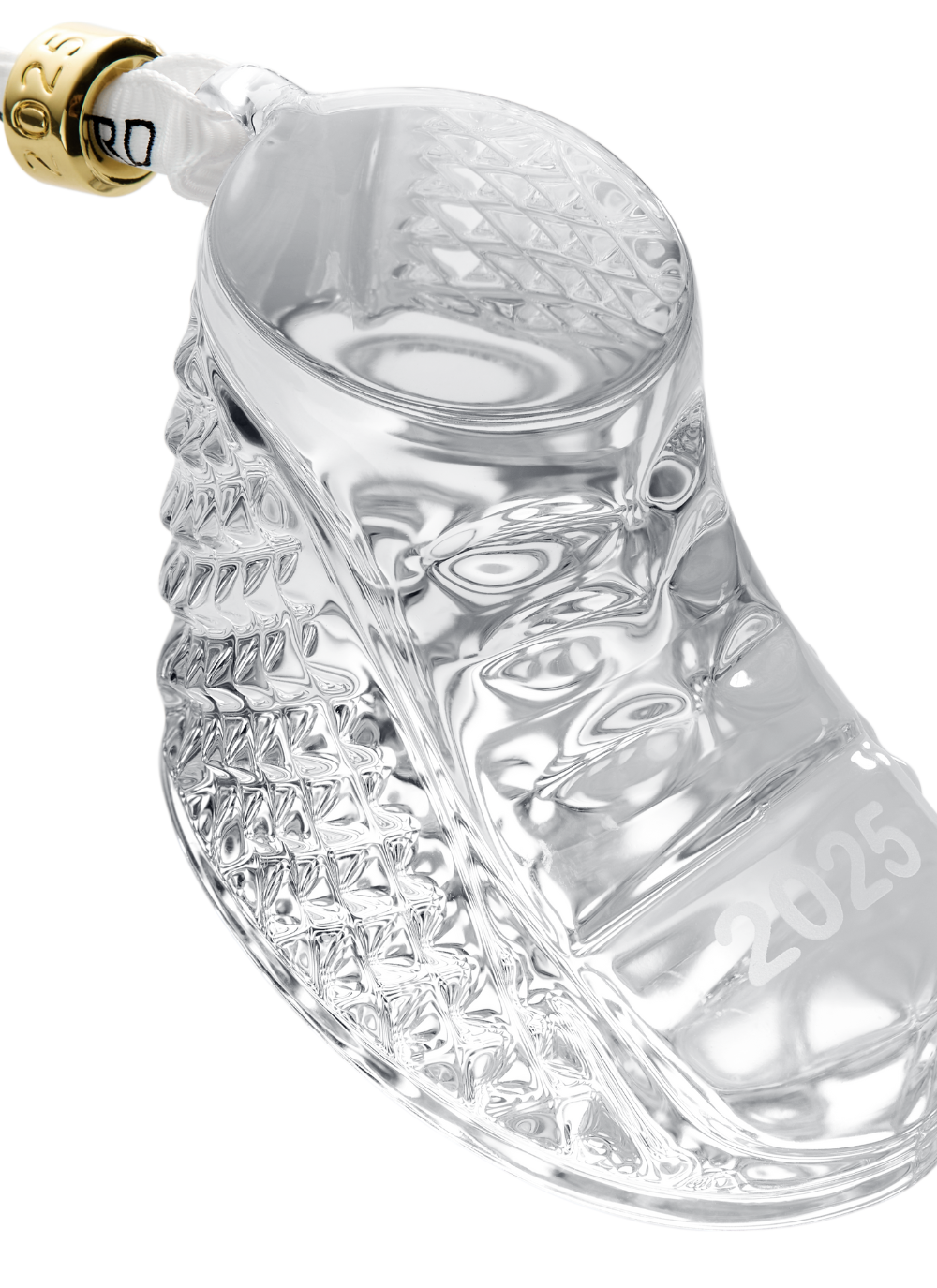 Waterford Crystal Baby’s First Boot Ornament 2025 – Elegant cut crystal keepsake with gold-detailed ribbon, perfect heirloom gift for newborns or christenings.