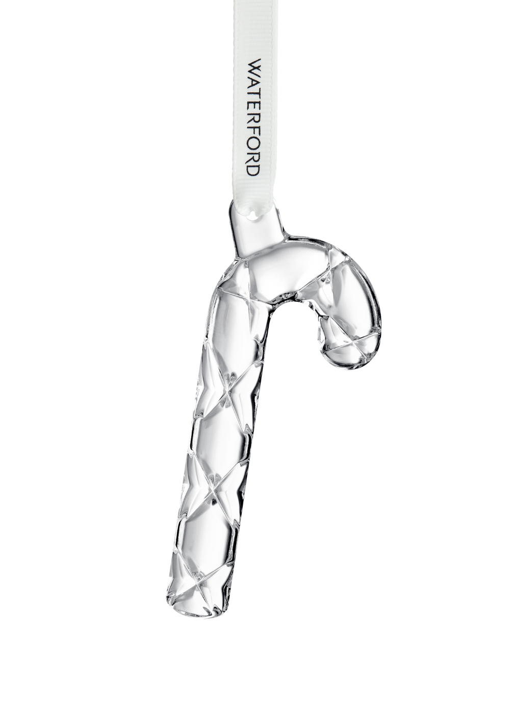 Waterford Crystal Mini Candy Cane Ornament with diamond-cut detail, finished with a white and gold satin ribbon and a metal tag, ideal for festive tree décor