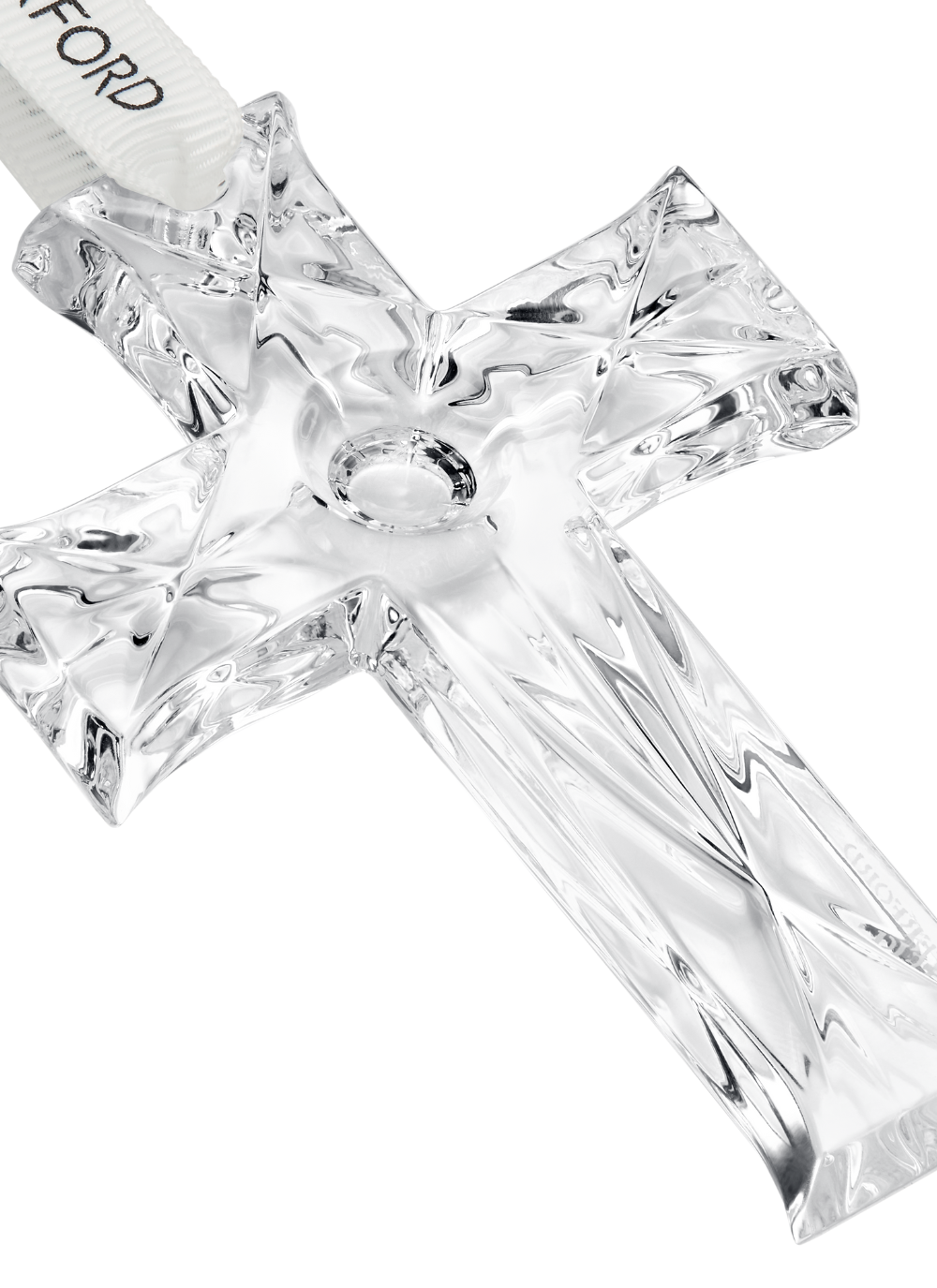 Waterford Crystal Mini Cross Ornament made from clear cut crystal, with a white satin ribbon and dated metal tag, perfect for Christmas tree decoration or gifting