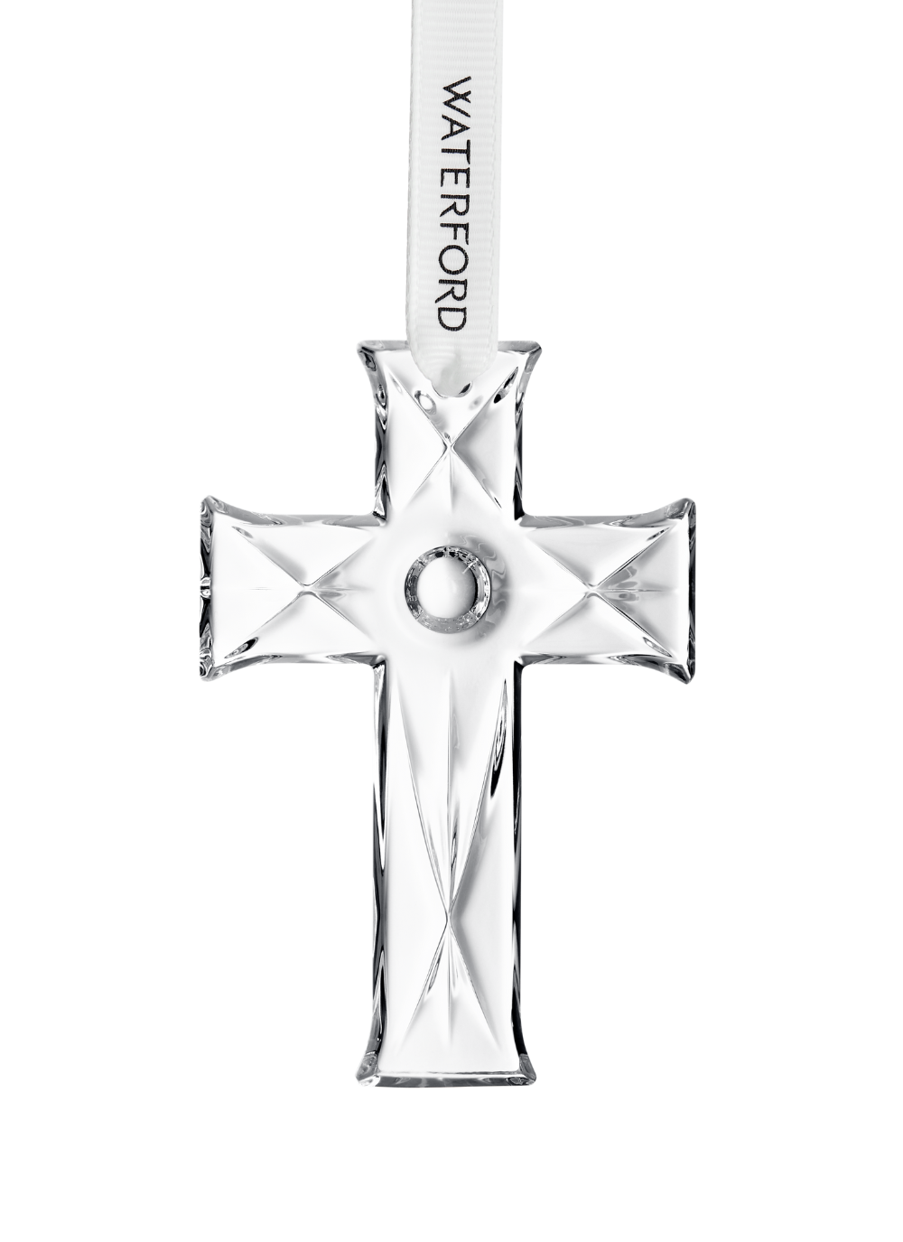 Waterford Crystal Mini Cross Ornament made from clear cut crystal, with a white satin ribbon and dated metal tag, perfect for Christmas tree decoration or gifting