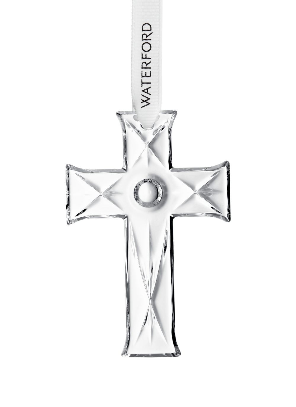 Waterford Crystal Mini Cross Ornament made from clear cut crystal, with a white satin ribbon and dated metal tag, perfect for Christmas tree decoration or gifting