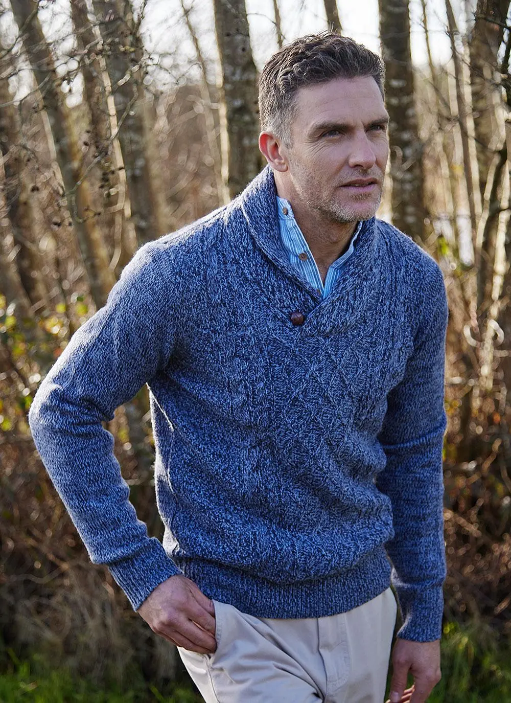 Brendan Shawl Collar Aran Sweater in Midnight Blue | Blarney