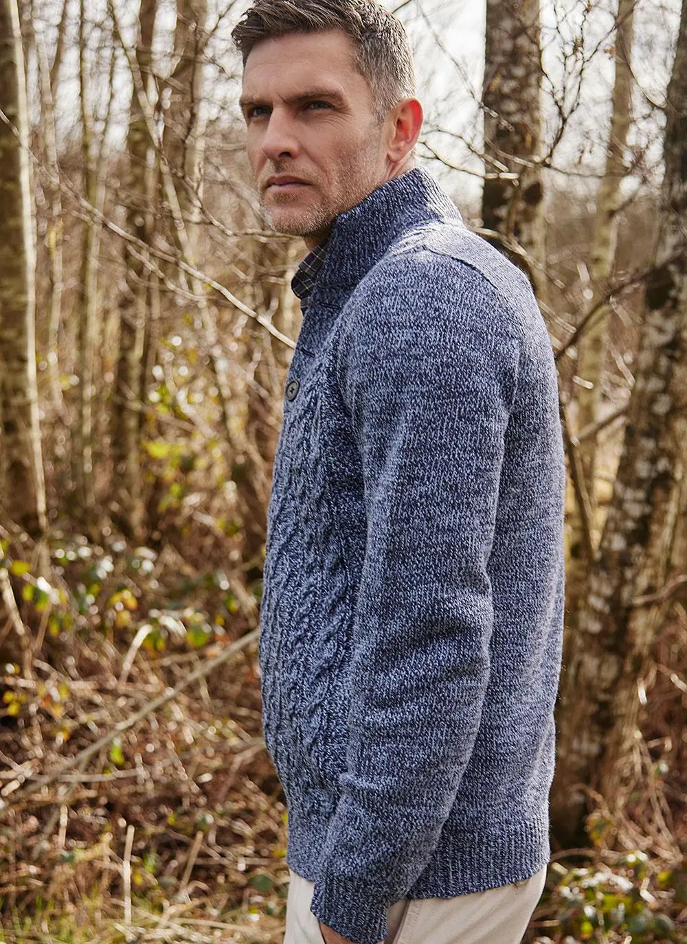 Kieran Button Neck Aran Sweater in Midnight Blue | Blarney