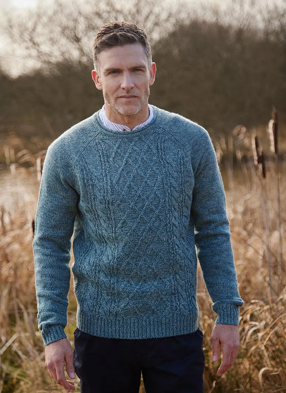 Gerard Crew Neck Aran Sweater in Sea Pine | Blarney