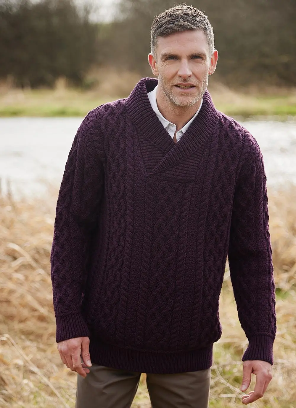 Shawl Collar Aran Sweater in Damson | Blarney
