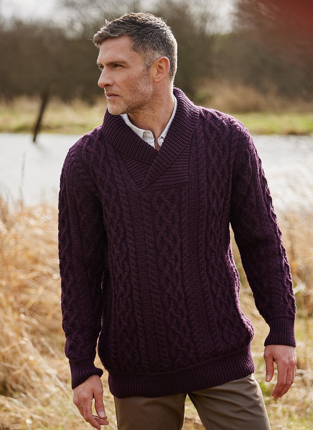 Shawl Collar Aran Sweater in Damson | Blarney