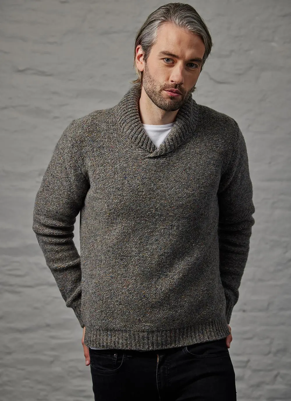 Fisherman Shawl Collar Sweater in Smoke | Blarney