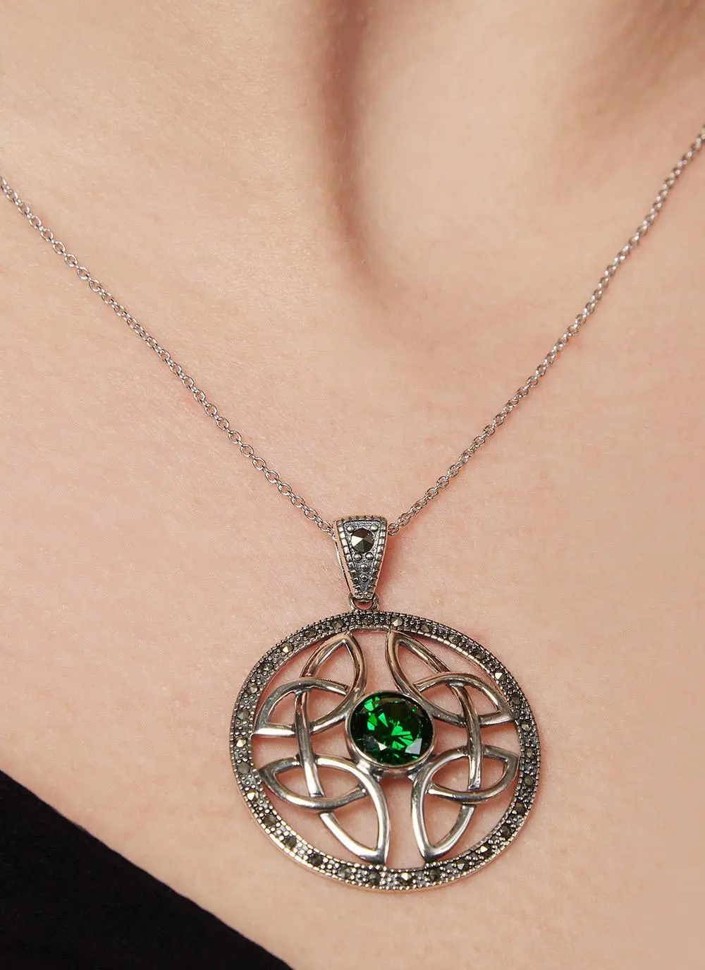 Celtic Knot Green Stone Marcasite Pendant