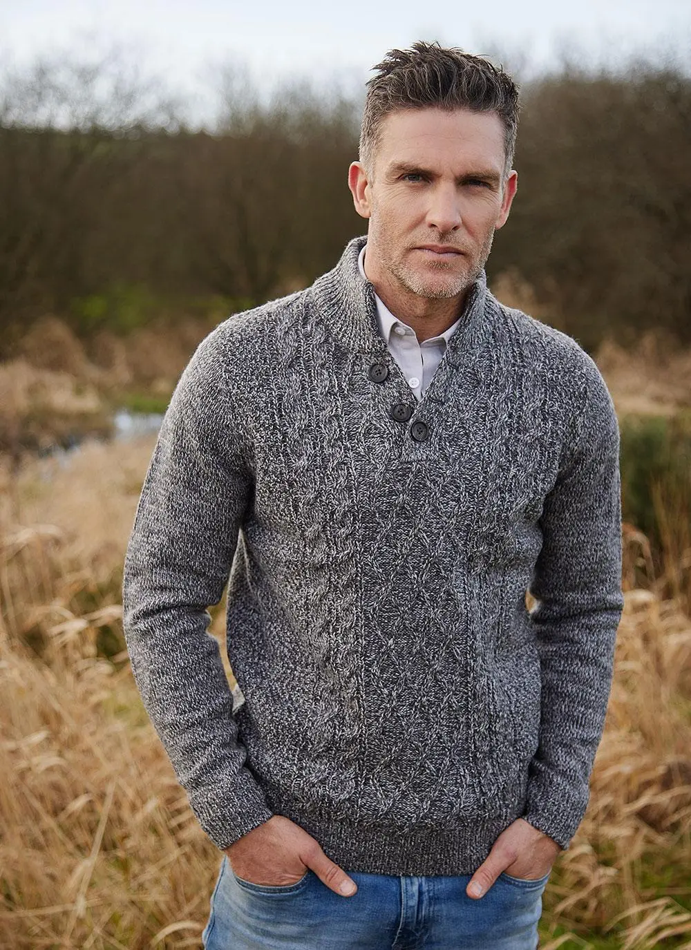 Kieran Button Neck Aran Sweater
