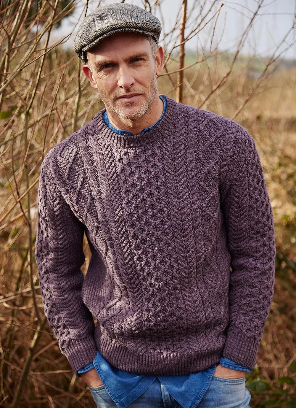 Dara Wool Cotton Aran Sweater in Blackcurrant | Blarney