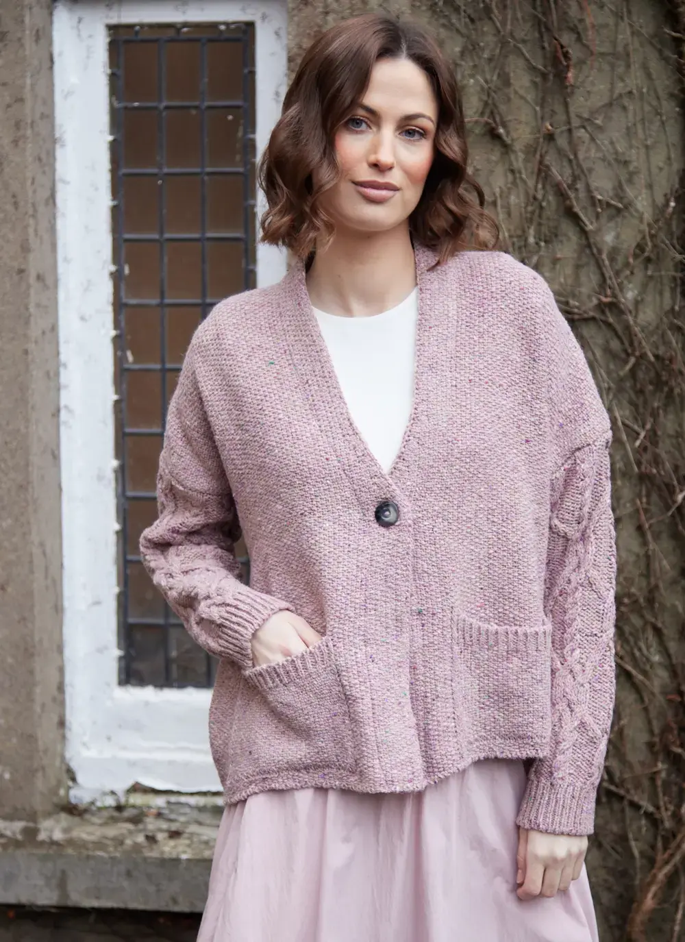Alpaca Fleck Aran Sleeve Cardigan in Lemonade