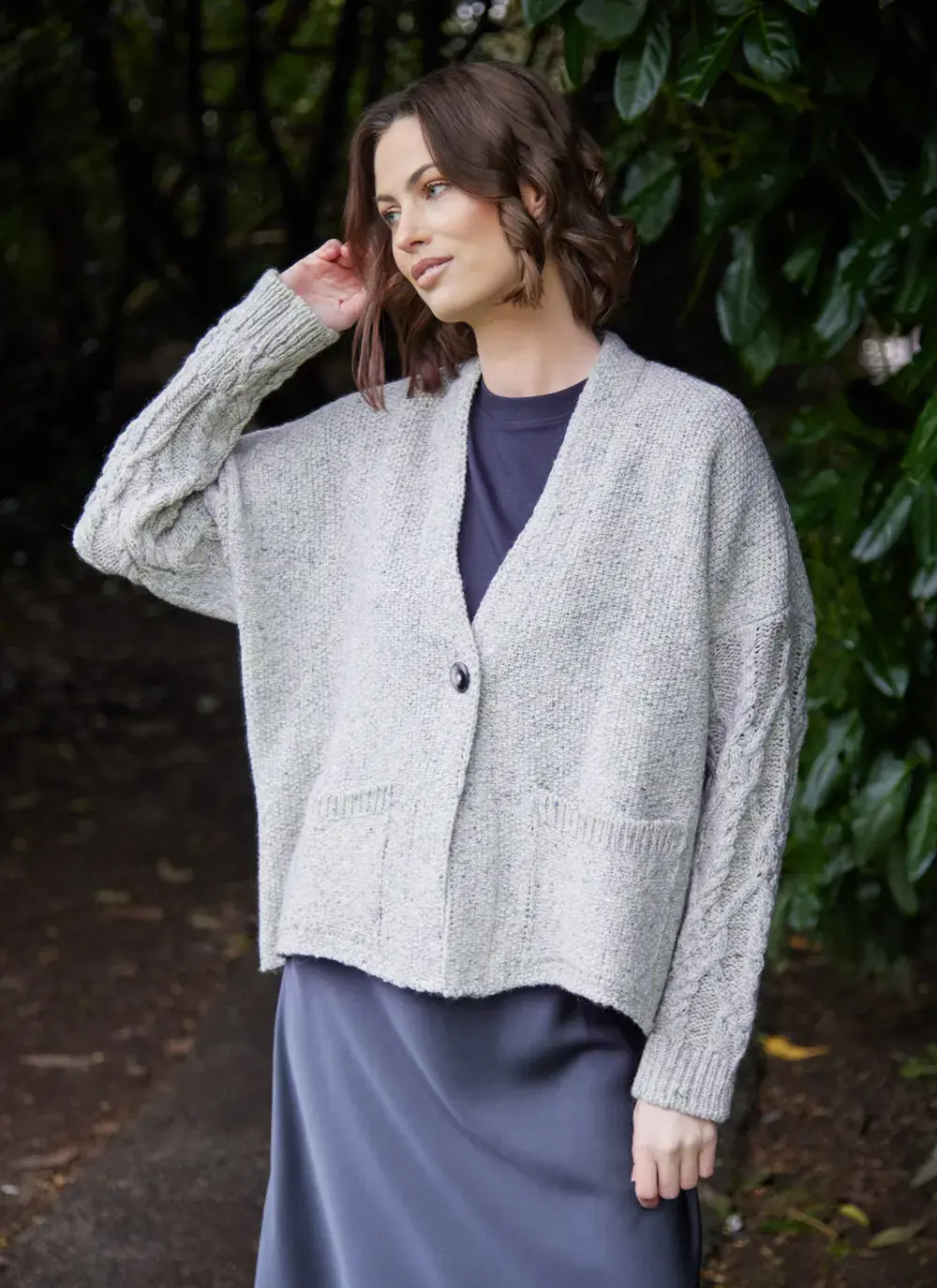 Alpaca Fleck Aran Sleeve Cardigan in Spearmint