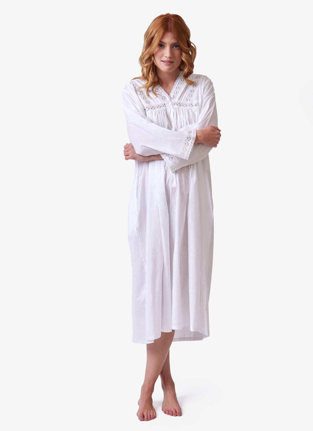 April Long Sleeve Cotton Nightgown in White | Blarney